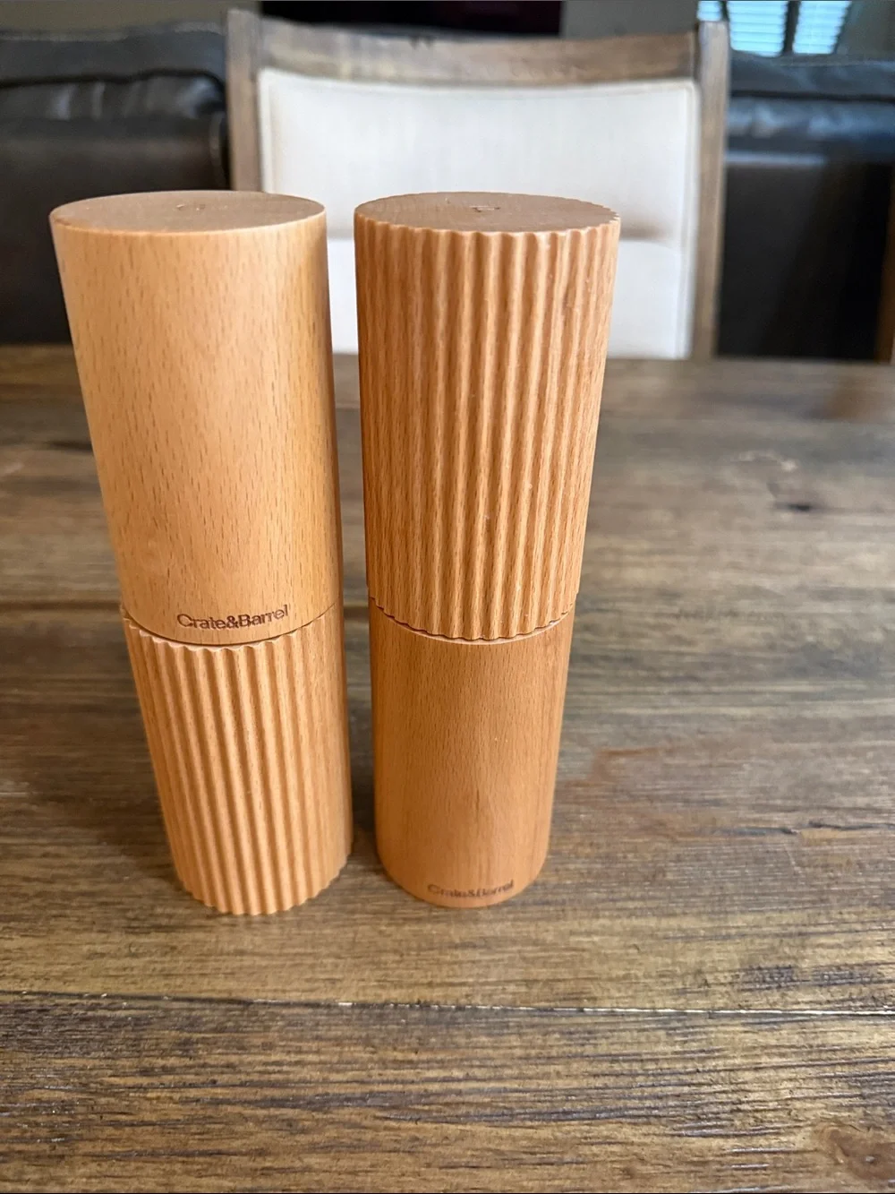 Crate&Barrel Ribbed Hanno fluted Natural Wood Salt & Pepper Mills - Tan